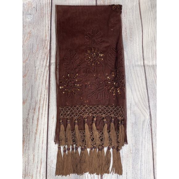 Vintage Rust Lace Mesh Scarf Embroidered Crochet Sequins FairyGrunge Whimsical - Picture 2 of 15